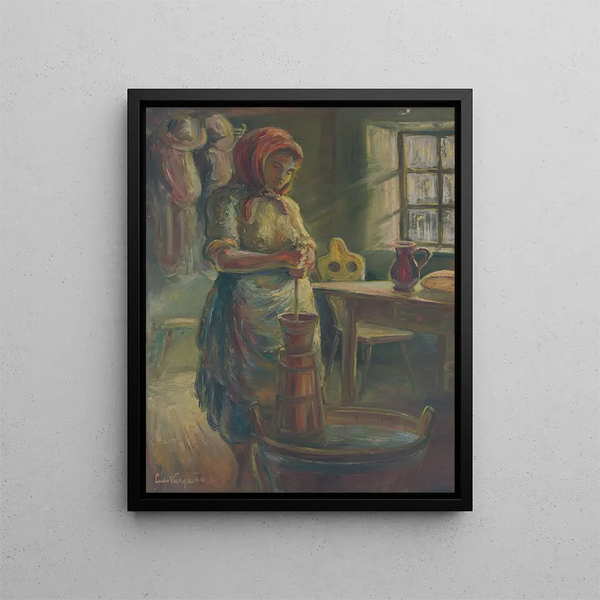 Butter Churning Painting - Ludovit Varga — framed artwork on a wall