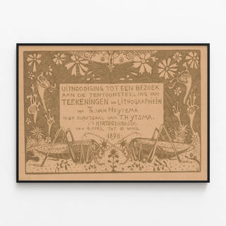 Vintage poster with two grasshoppers and invitation to art exhibition — framed artwork on a wall