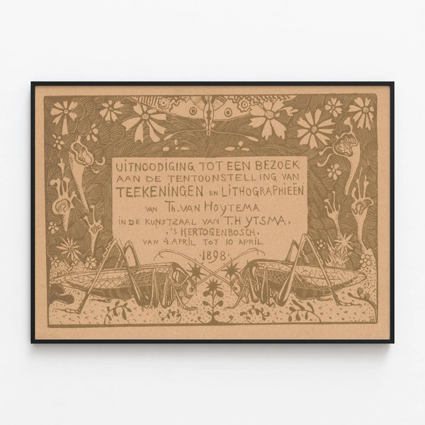 Vintage poster with two grasshoppers and invitation to art exhibition — framed artwork on a wall