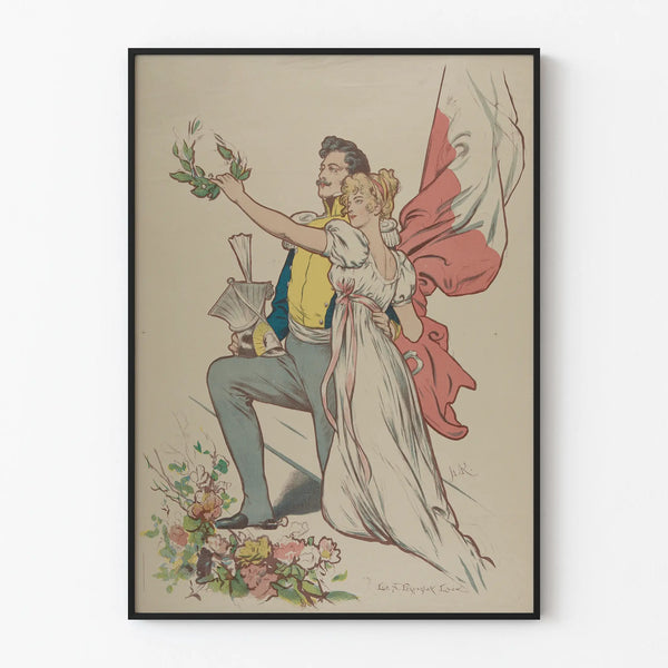 Vintage decorative poster of a soldier and a young woman with a flag