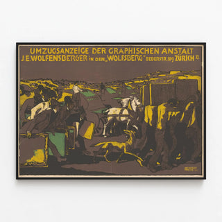 Vintage poster advertising Wolfensberger Zurich moving — framed artwork on a wall