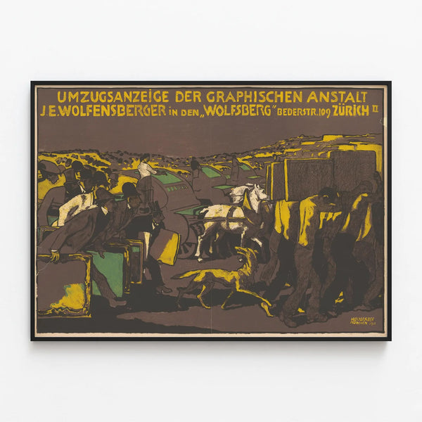 Vintage poster advertising Wolfensberger Zurich moving — framed artwork on a wall