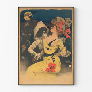 Vintage poster of Pierrot and young woman in a yellow dress