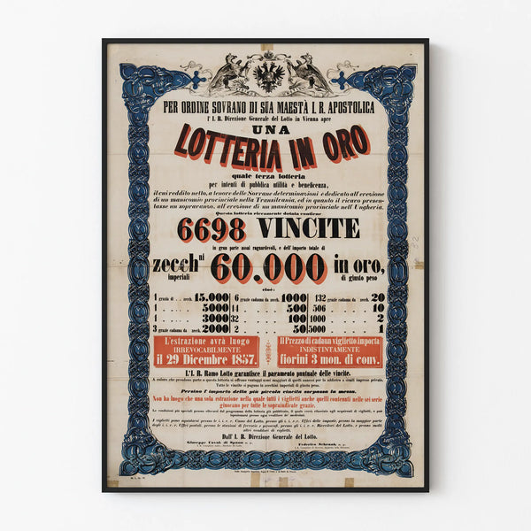 Vintage Poster Lottery in Gold 1837 for Wall Decoration