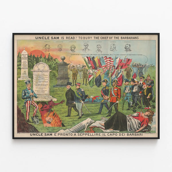 Historical Wall Poster Uncle Sam and the Barbarian Chief — framed artwork on a wall