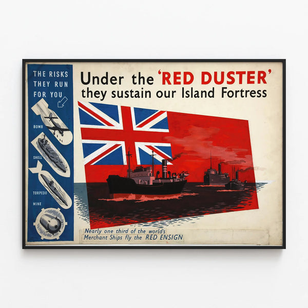 Vintage poster of the Red Duster flag and British merchant fleet — framed artwork on a wall