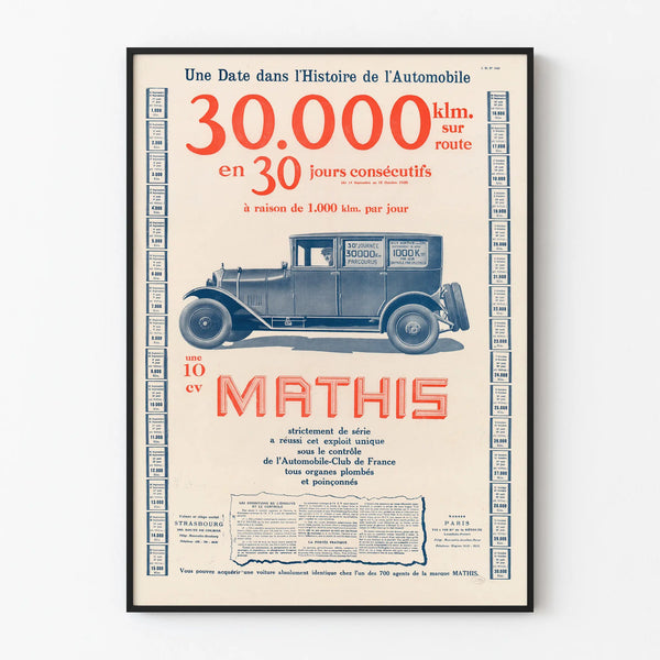 Vintage Mathis Poster 30,000 km in 30 Days - Car Wall Decoration