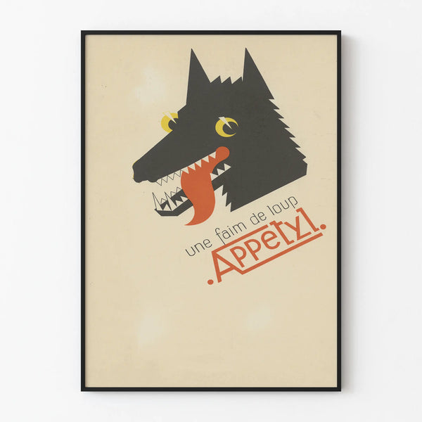 Vintage wolf poster 'A wolf's hunger Appetyl' for wall decoration