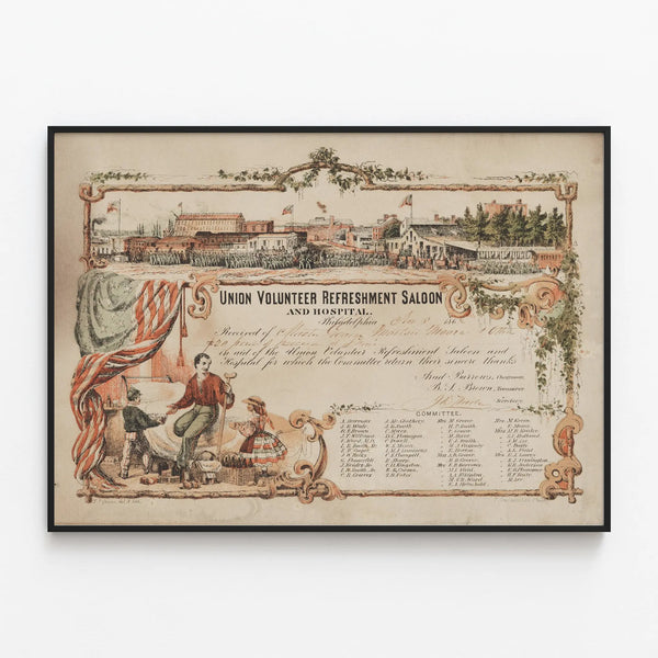 Historical Poster of the Union Volunteer Refreshment Saloon and Hospital — framed artwork on a wall