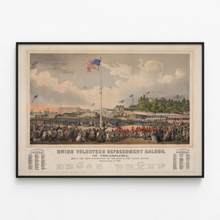 Vintage Poster of the Union Volunteer Refreshment Saloon in Philadelphia — framed artwork on a wall