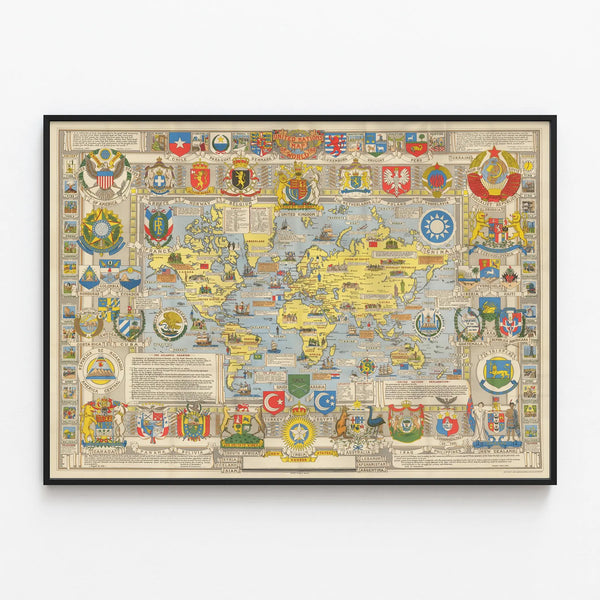 Vintage United Nations World Map Poster — framed artwork on a wall