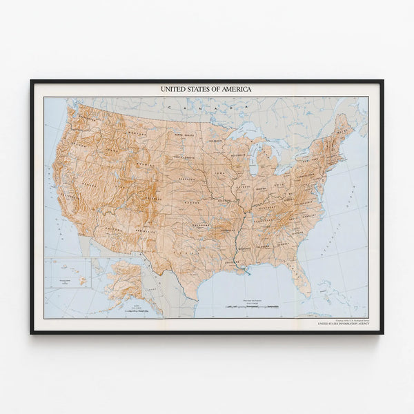 Relief Map of the United States of America - Detailed Geographical Poster — framed artwork on a wall