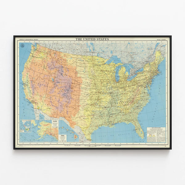 Vintage United States Map Poster — framed artwork on a wall