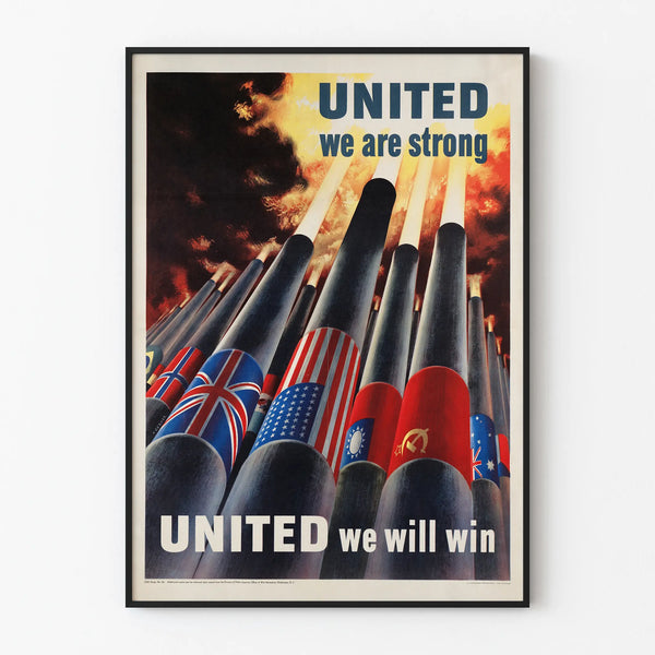 Vintage war poster 'United we are strong, United we will win' for wall decoration