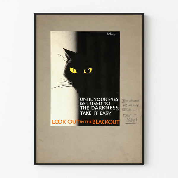 Poster of a black cat and a caution message in case of power outage