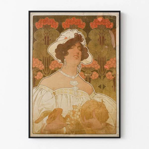 Vintage poster of an elegant woman with decorative flowers and fruits