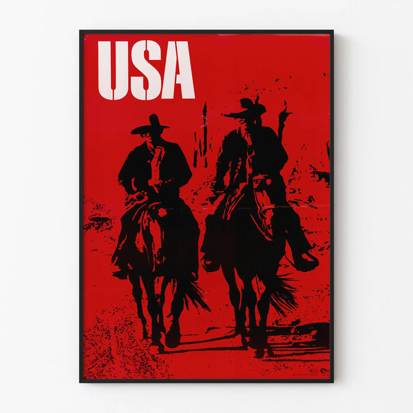 Decorative poster of USA cowboys in black silhouette on red background