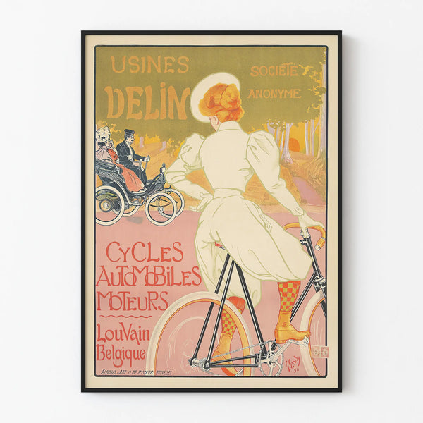 Vintage poster of Delin factories, bicycles, and automobiles