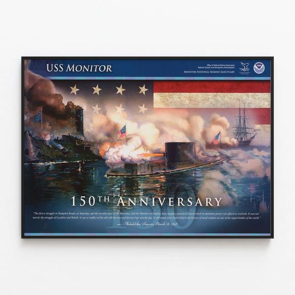Commemorative poster celebrating 150 years of USS Monitor - Historical wall decoration — framed artwork on a wall