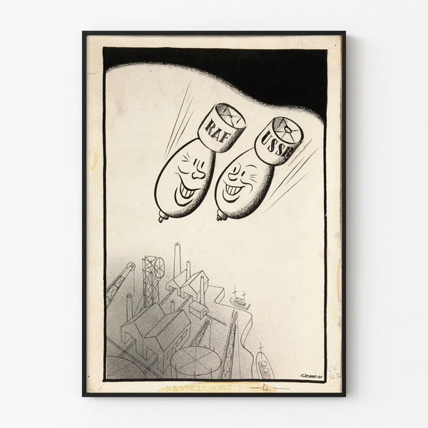 Vintage wall poster of RAF and USSR bombs on factory and docks