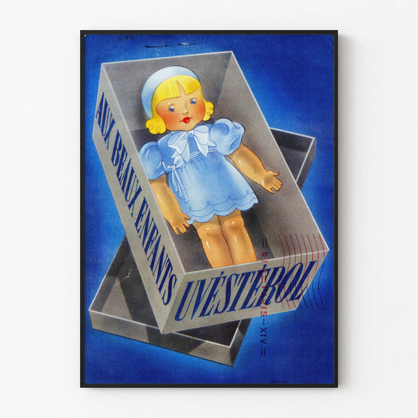 Vintage Uvesterol advertisement poster with doll in box