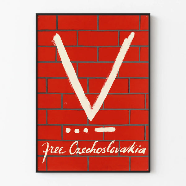 Wall poster Free Czechoslovakia design V white on red brick wall
