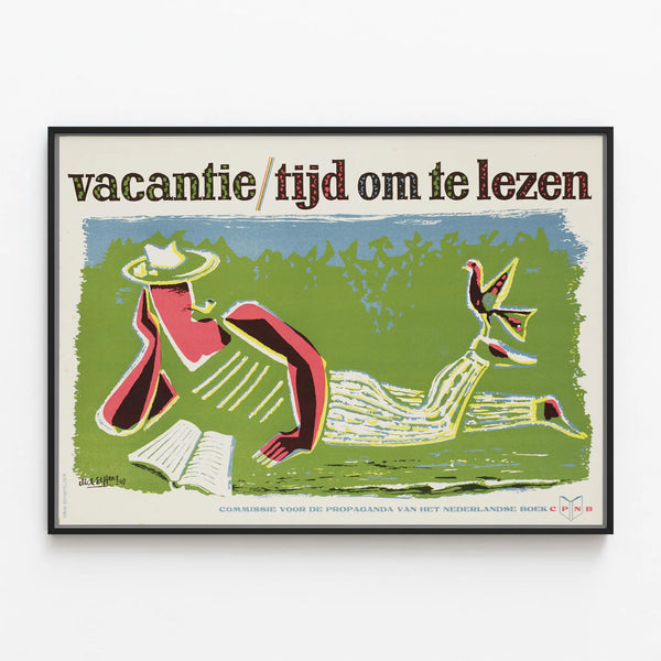 Vintage poster Vacantie Tijd Om Te Lezen for wall decoration — framed artwork on a wall