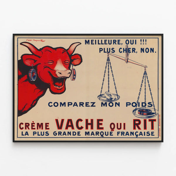 Vintage Cream Poster Laughing Cow - Retro Wall Decoration — framed artwork on a wall