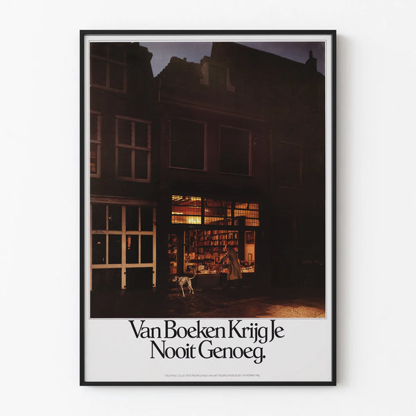 Vintage bookstore poster illuminated at twilight