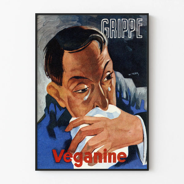 Vintage Poster of the Vegan Flu, Illustration of a Sick Man