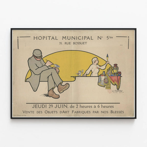 Vintage poster for the sale of art objects made by injured soldiers — framed artwork on a wall