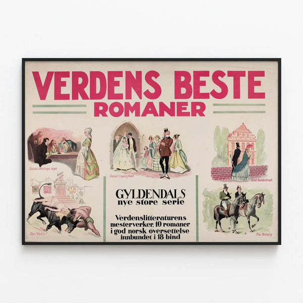 Vintage Poster Verdens Beste Romaner - Scandinavian Literary Wall Decoration — framed artwork on a wall