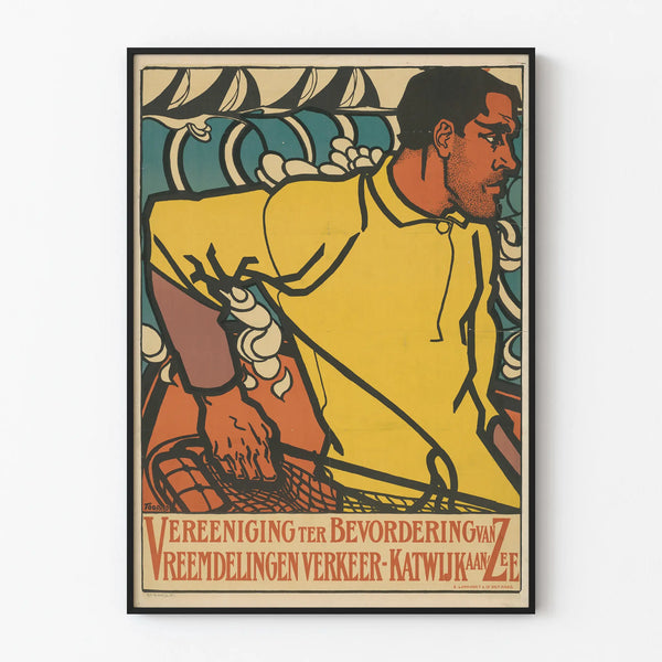 Vintage decorative poster of fisherman and sea Katwijk aan Zee