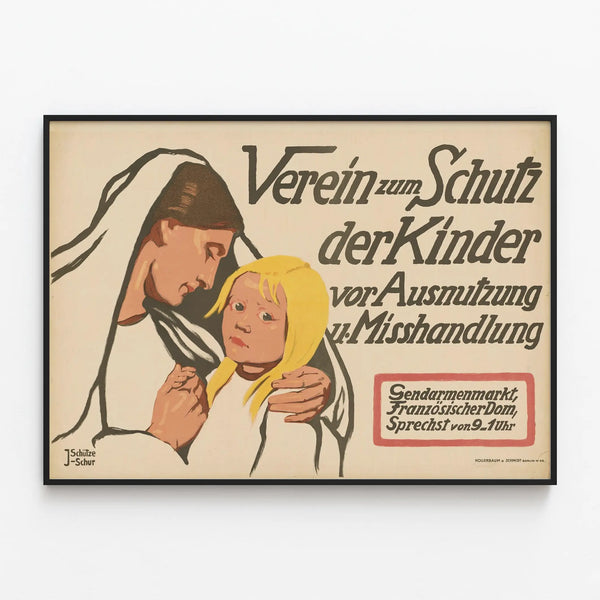 Vintage poster advocating for children's protection against exploitation and abuse — framed artwork on a wall