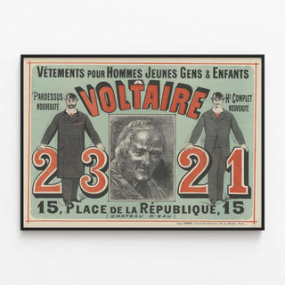 Vintage poster advertising Voltaire clothing for men and children — framed artwork on a wall