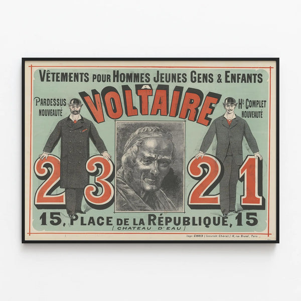 Vintage poster advertising Voltaire clothing for men and children — framed artwork on a wall