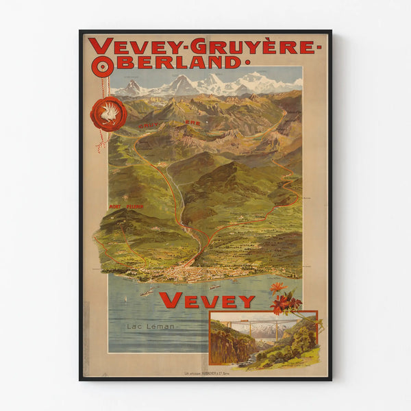 Vintage poster of the Vevey-Gruyère-Oberland tourist map