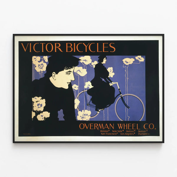Victor Bicycles vintage style poster for wall decoration — framed artwork on a wall