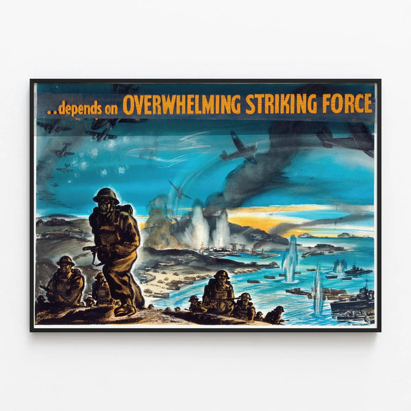 Vintage War Poster with Soldiers and Aviation — framed artwork on a wall