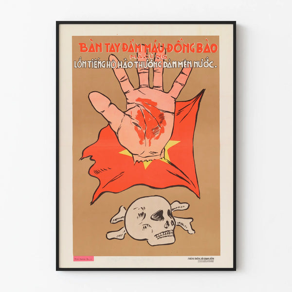 Vintage Vietnamese Poster with Bloody Hand on Star-Spangled Background