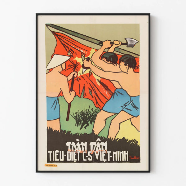Vintage Vietnamese propaganda poster with combat scene