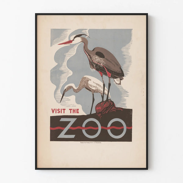 Vintage poster visit the zoo with herons