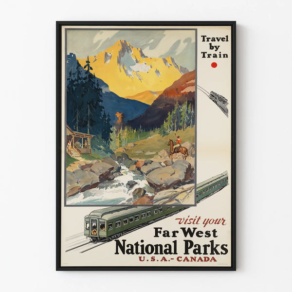Vintage poster of Far West USA-Canada National Park by train