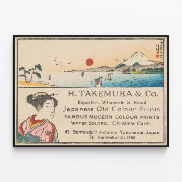 Vintage Japanese poster H. Takemura & Co. wall decoration — framed artwork on a wall