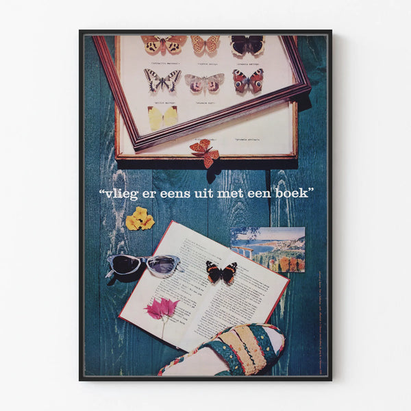 Decorative poster with butterflies and book on a blue wooden background