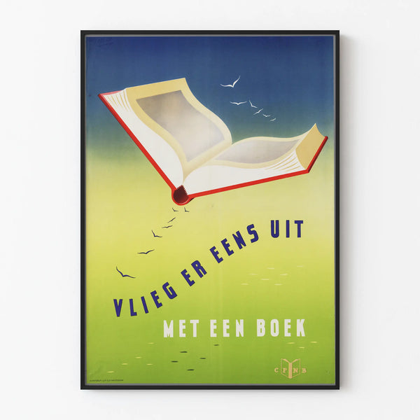 Vintage Poster Flying with a Book - Literary Wall Decoration