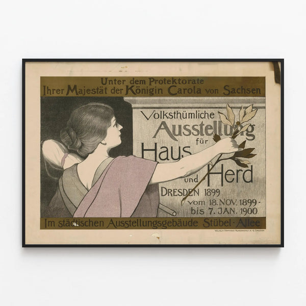Vintage exhibition poster for the home and household 1899 — framed artwork on a wall