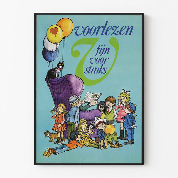 Vintage poster of children reading with a cat and balloons