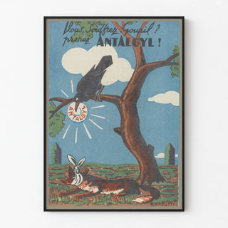 Vintage advertising poster for Antalgyl with fox and crow