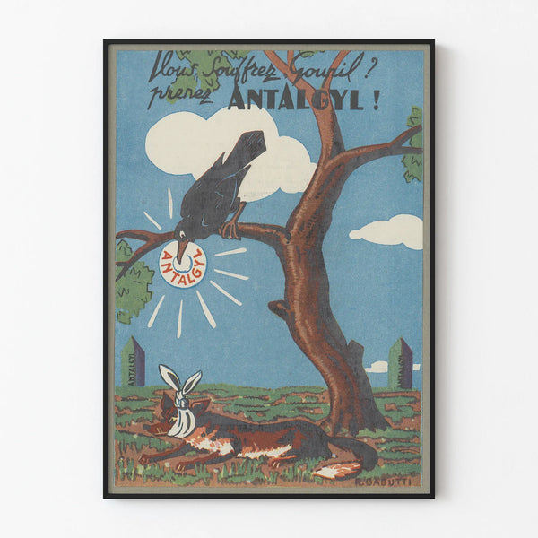 Vintage advertising poster for Antalgyl with fox and crow